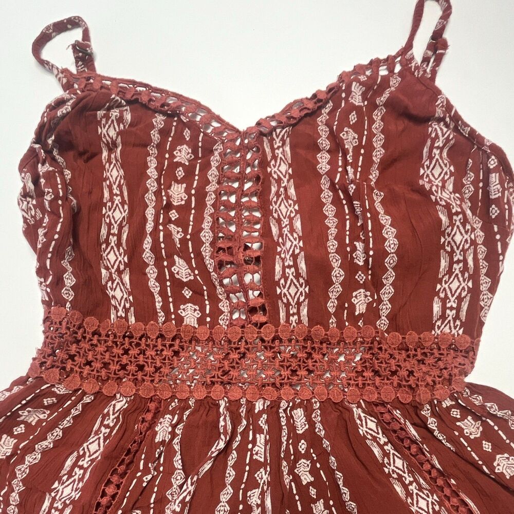 Angie Red Geometric Rayon Romper Crochet Waist V-Neck Tie, Size S - Picture 5 of 9